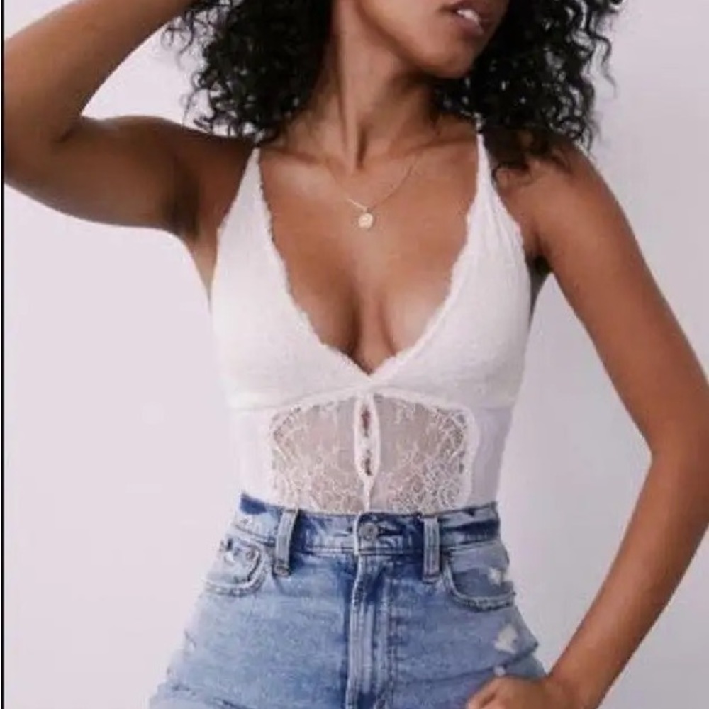 Abercrombie & Fitch ivory cream lace thong sheer bodysuit size large - Picture 2 of 12